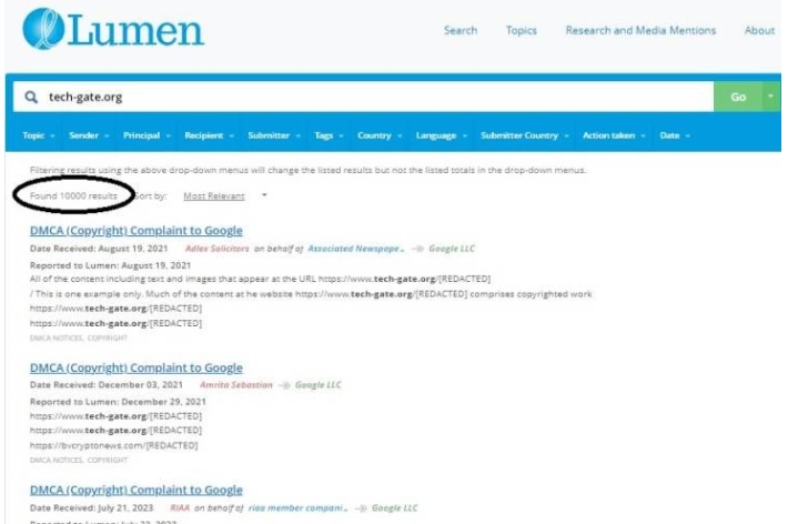 Lumen Database - Tech-Gate.org 1000 + DCMA copyright takedowns 