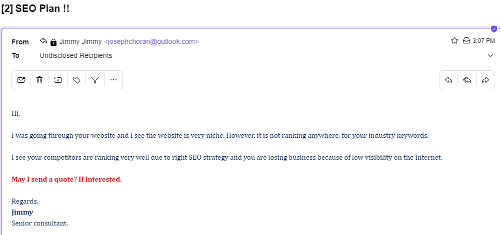 SEO Services spam email sent with fake free email account by Ravi Ranjan Singh from Inditeweb.com