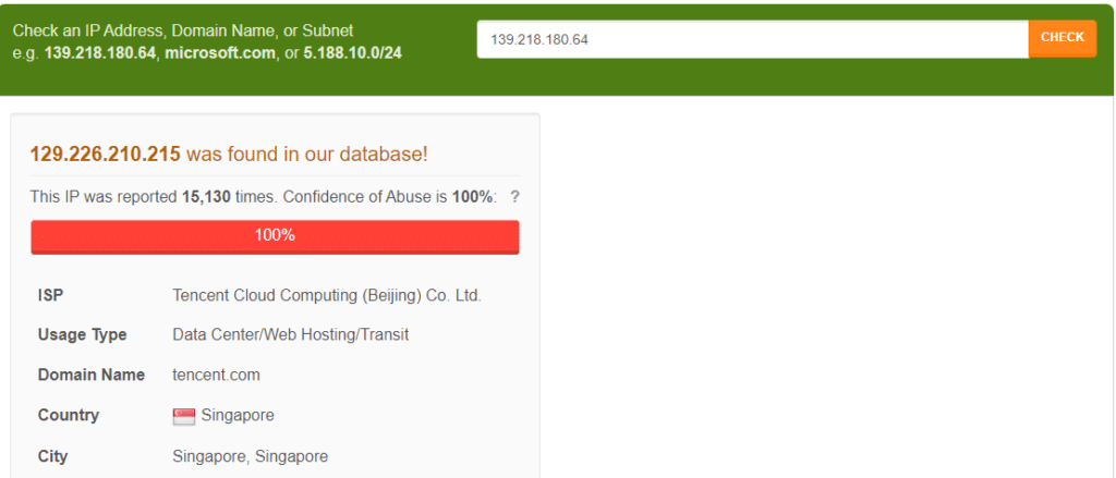 abuseipdb.com reporting database DDoS attacks Singapore - BOTS 