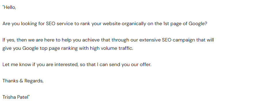 SEO Services Spam Email Example From India 