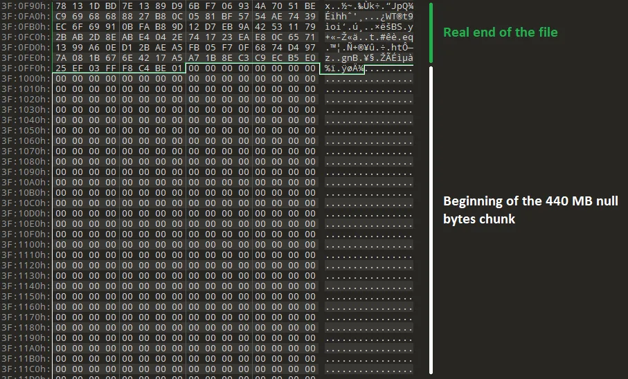 Beginning of the 440 MB null bytes chunk in the setup.exe sample