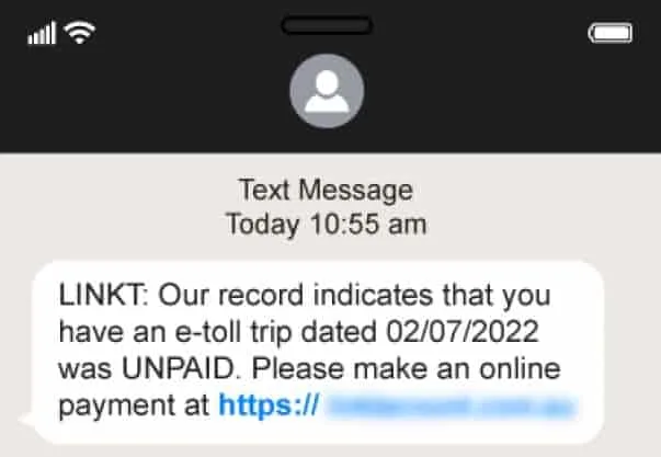 Toll road scams sms  text message Linkt,